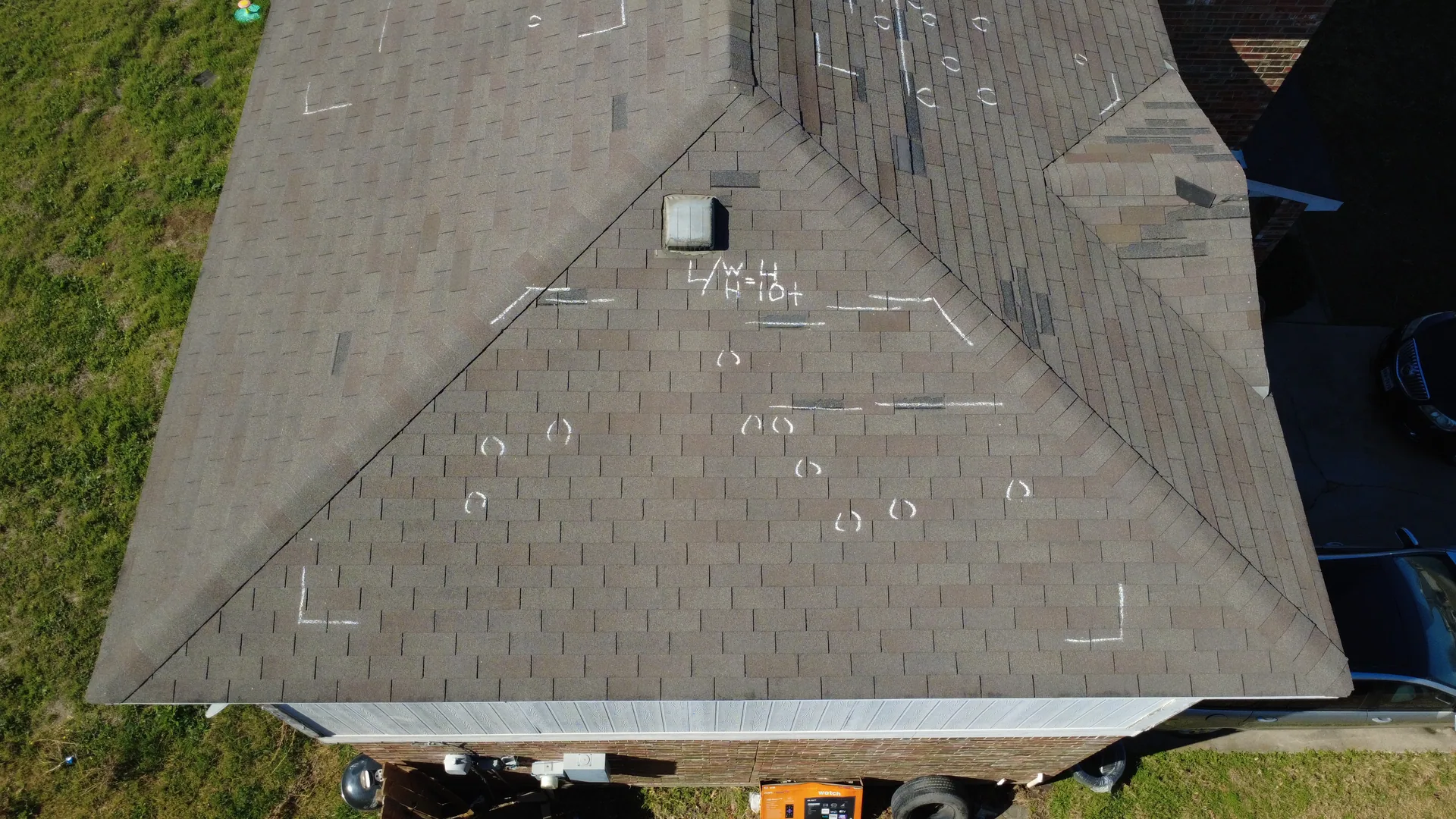 Drone hail damage test square roof, Hutto, TX